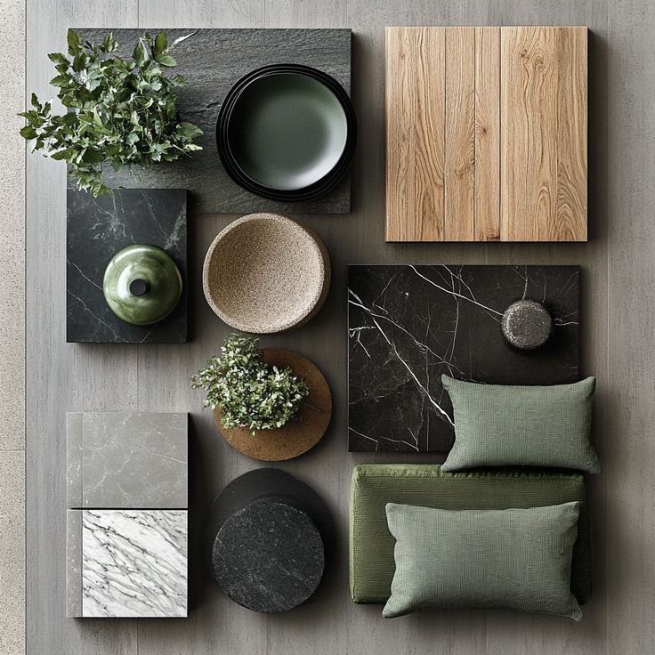 Luxurious flat lay mood board showcasing a color harmony palette with warm greige, taupe, light oak wood, dark marble, sage green linen pillows, ceramic vases and fresh greenery for quiet luxury and Old Money style homes