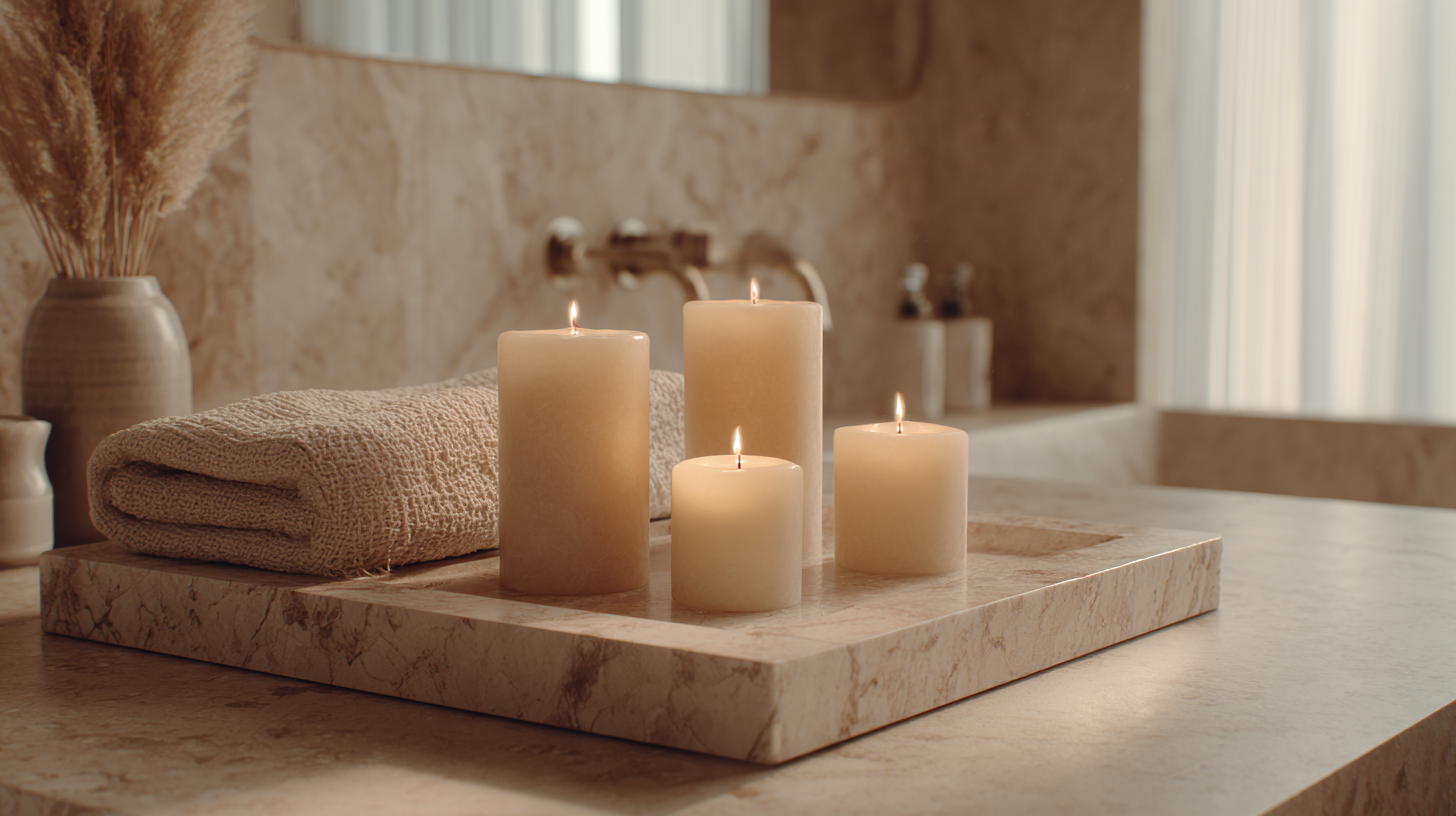 Luxury home wellness ritual space with candles, natural textures, and soft ambient lighting.