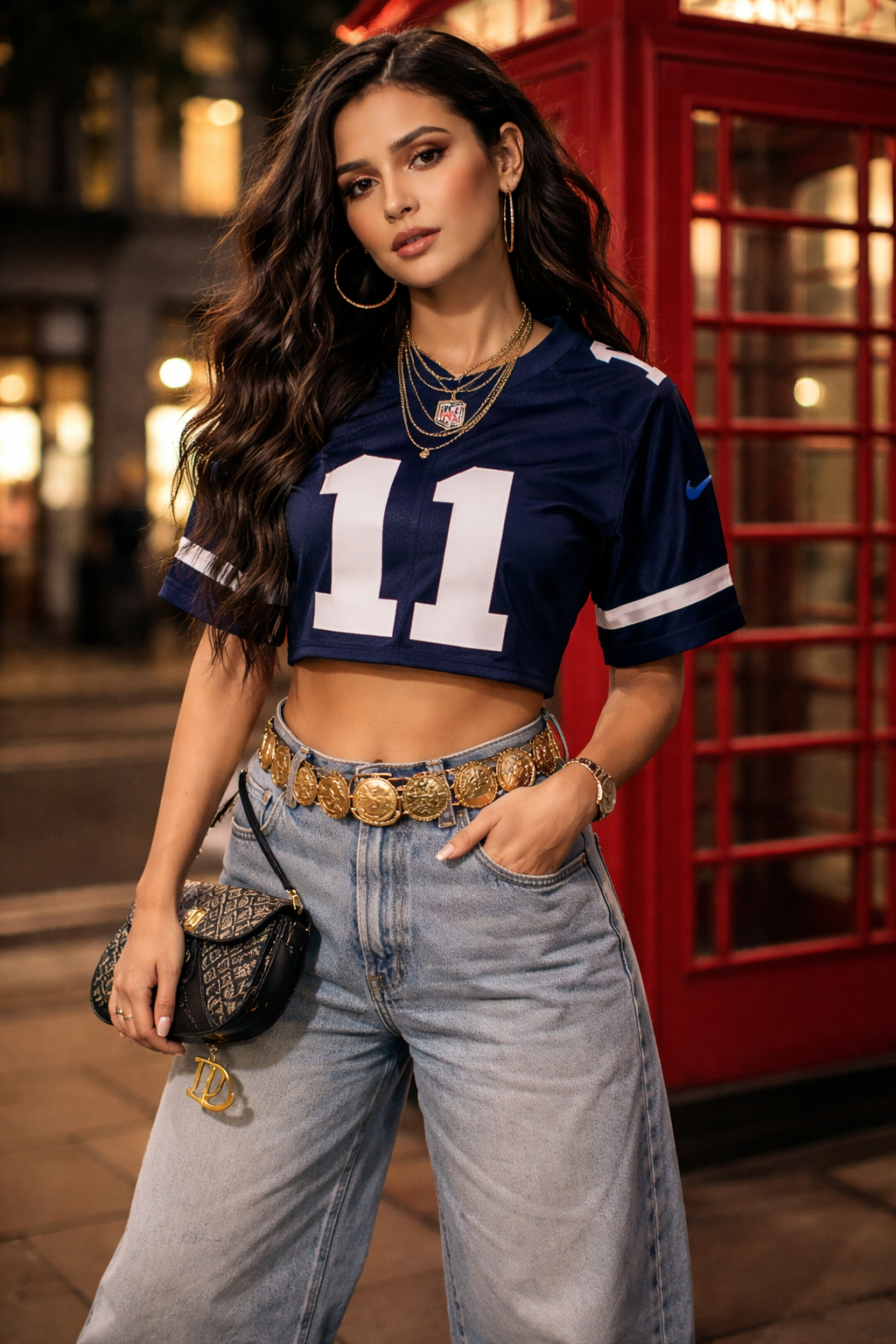 Woman in bold urban sporty chic outfit 2026 wearing a cropped navy NFL jersey with number 11, light-wash baggy wide-leg jeans, statement gold coin belt, layered gold necklaces, large hoop earrings, and a small Dior saddle bag, standing confidently in front of a classic red London telephone booth at night