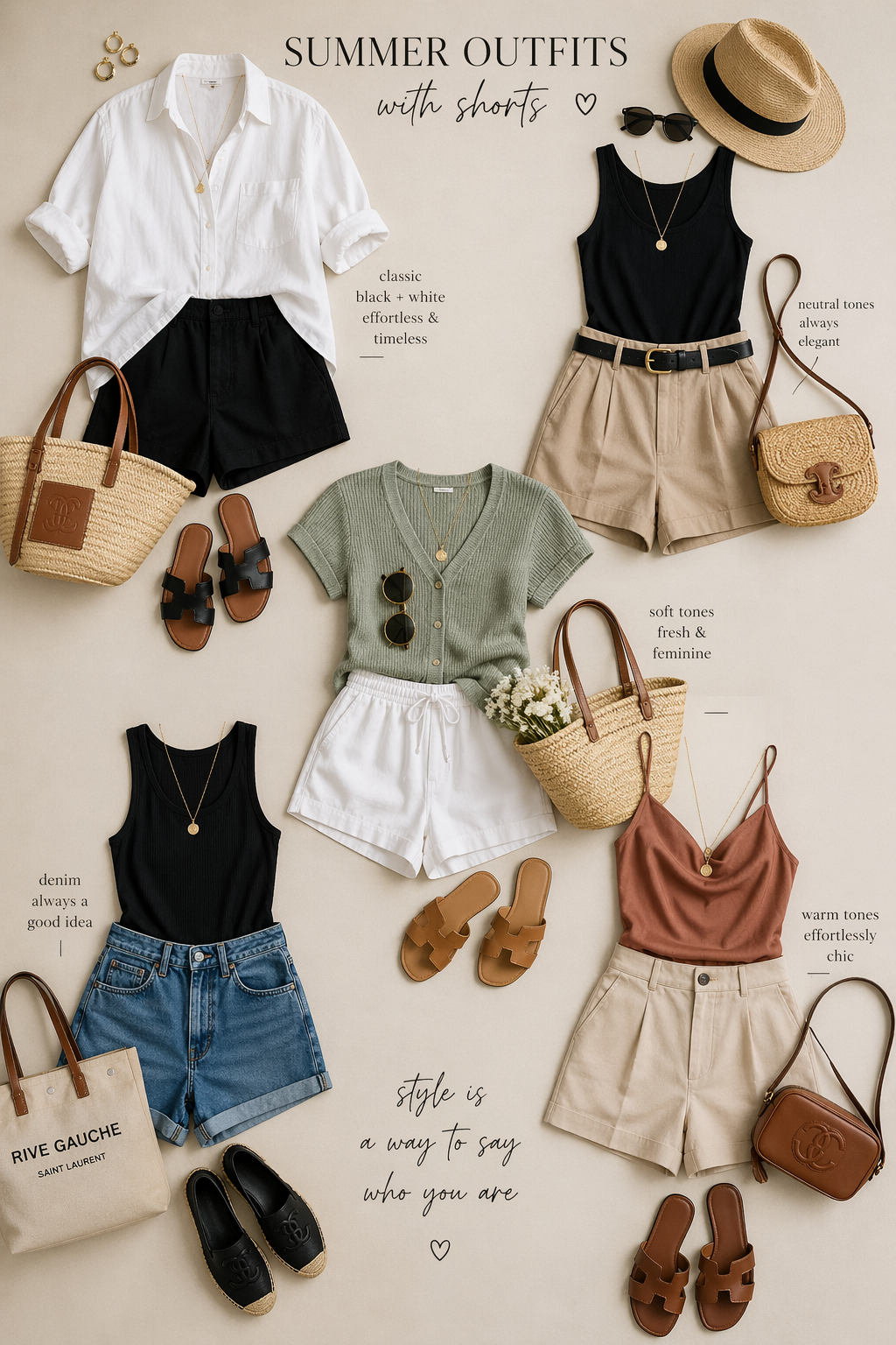 summer outfit ideas with shorts flat lay collage featuring neutral outfits sandals bags and accessories