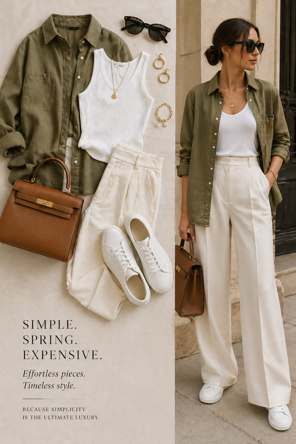 simple spring outfit pieces styled to look expensive with olive jacket white top cream trousers and sneakers