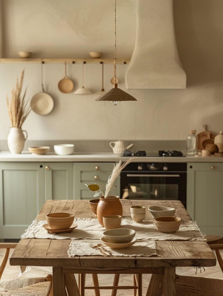 Sophisticated Japandi kitchen and dining space with light sage green cabinetry, warm neutrals, natural wood table, matte ceramics, and dried botanicals in a clean minimalist design
