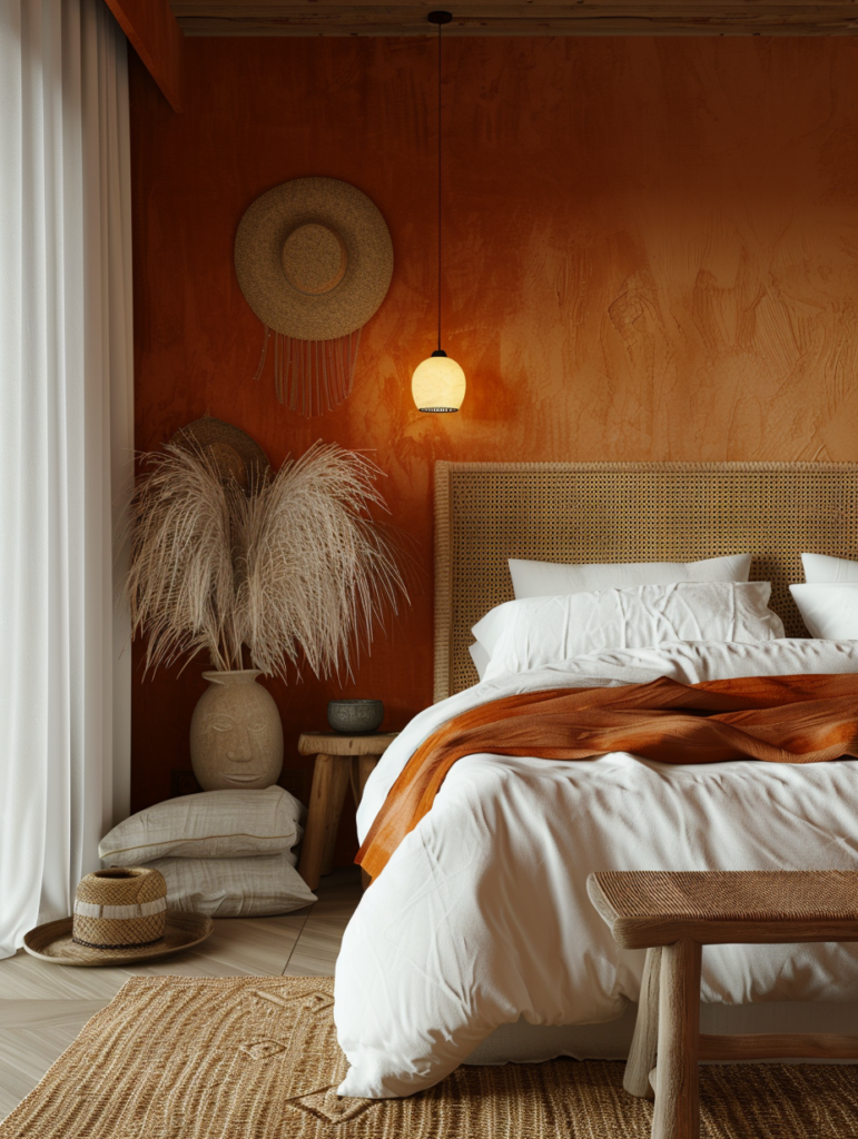 Cozy terracotta bedroom in warm evening lighting with rich terracotta accent wall, soft bedding layers, rattan bench with straw hats, and ambient glow creating an intimate and sophisticated quiet luxury atmosphere