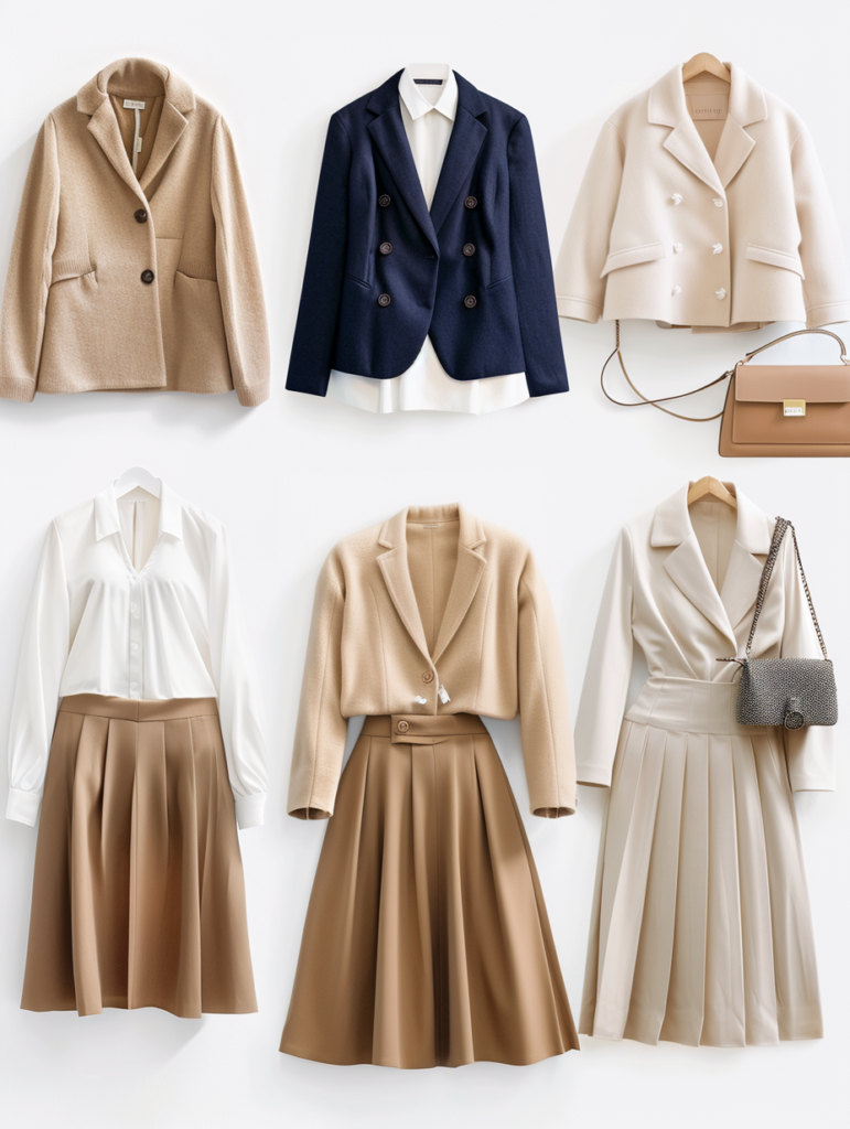 Full 5-day capsule wardrobe work outfit challenge grid for 2026 with five elegant neutral looks including beige cashmere, navy blazers, white shirts, wide-leg trousers, and midi skirts in a clean studio presentation