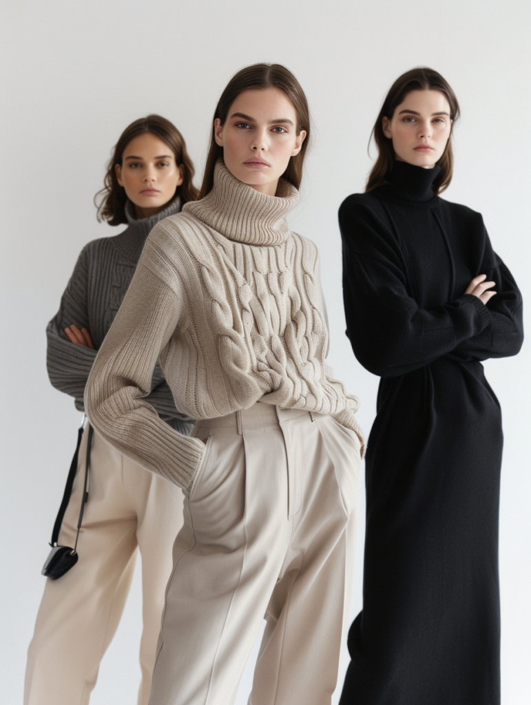 Fashion grid showing elegant office chic skirt looks and knit top combinations with navy midi skirts, houndstooth skirts, and beige knit tops paired with tailored trousers