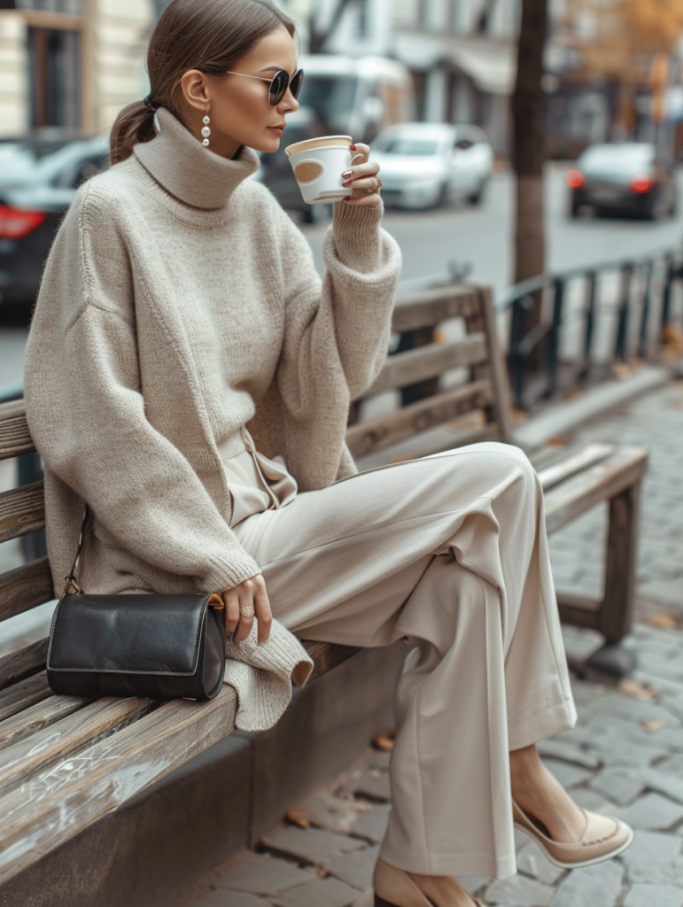 Woman enjoying a coffee date in elegant beige cashmere turtleneck and trousers with pearl earrings, gold watch, and black handbag, sitting gracefully on a wooden bench in an urban setting