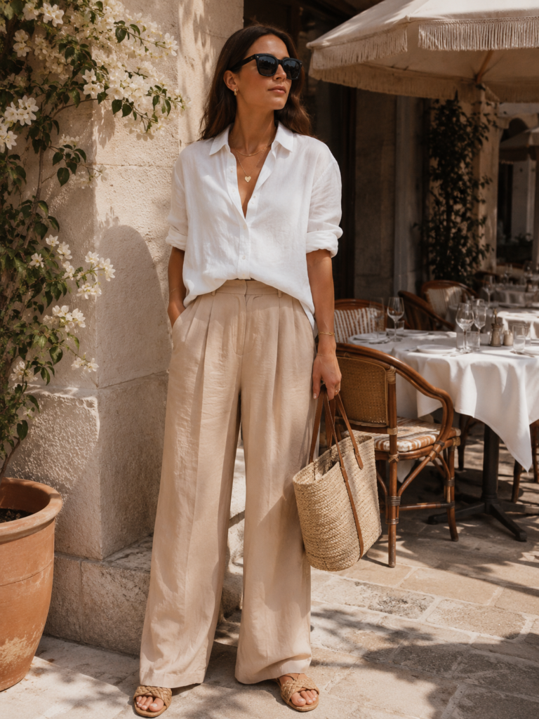 white linen shirt and beige trousers elegant summer outfit