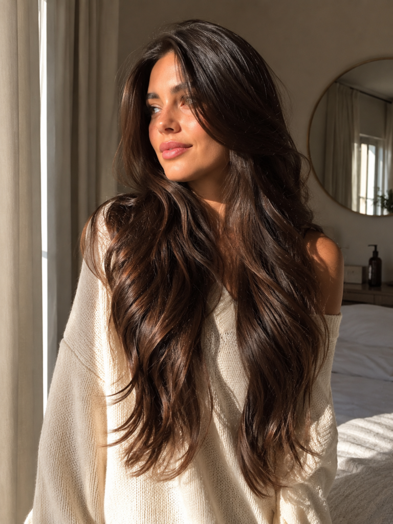 feminine hair care flat lay with healthy hair essentials