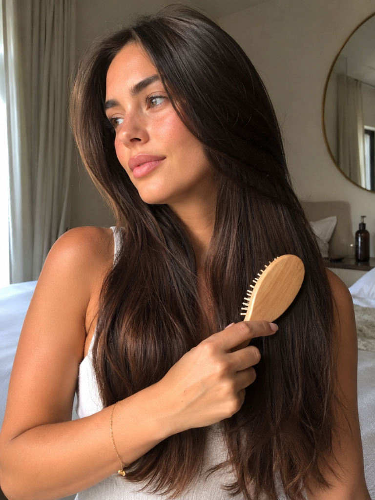 woman brushing healthy shiny hair naturally