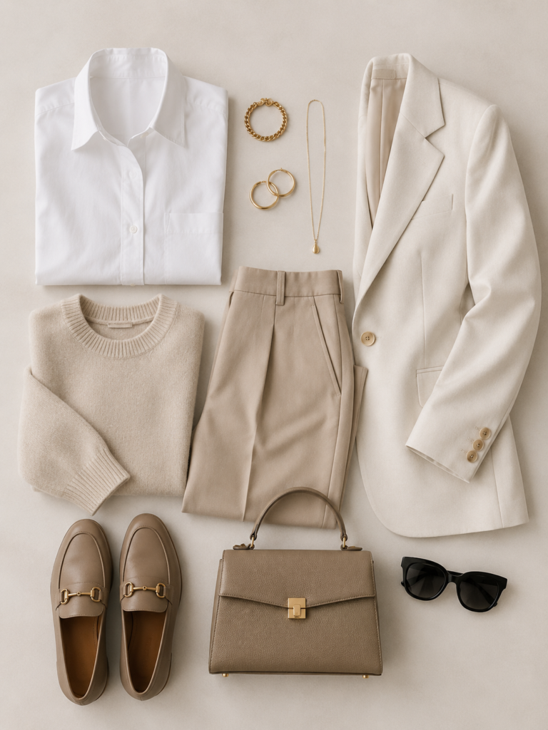 expensive looking capsule wardrobe flat lay essentials
