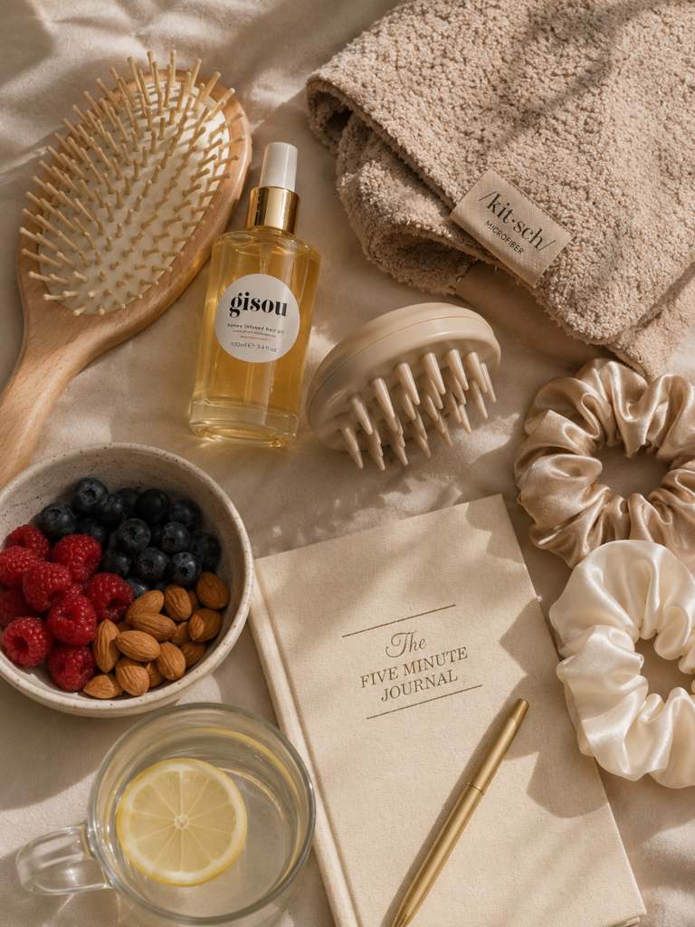 feminine hair care flat lay with healthy hair essentials