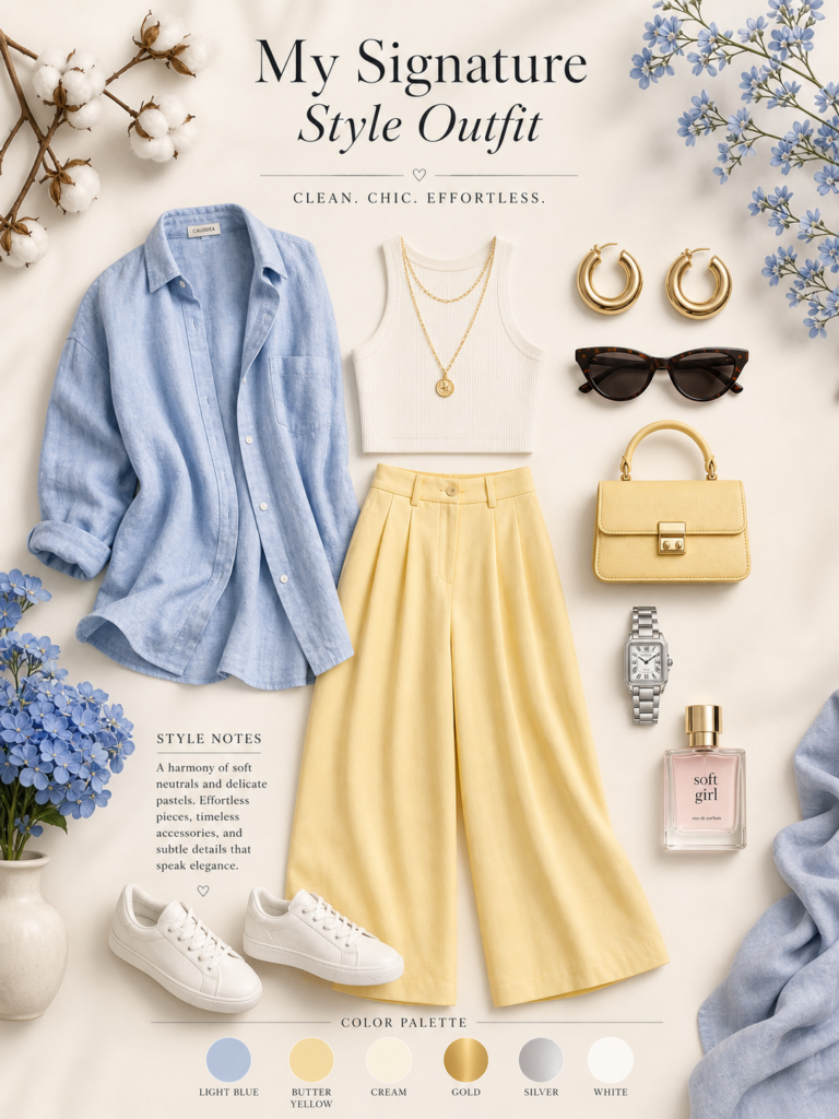 Complete signature style outfit mood board featuring light blue linen shirt, white ribbed crop top, butter yellow wide-leg trousers, gold jewelry, mini yellow handbag, white sneakers, and cat-eye sunglasses arranged with color palette and floral accents