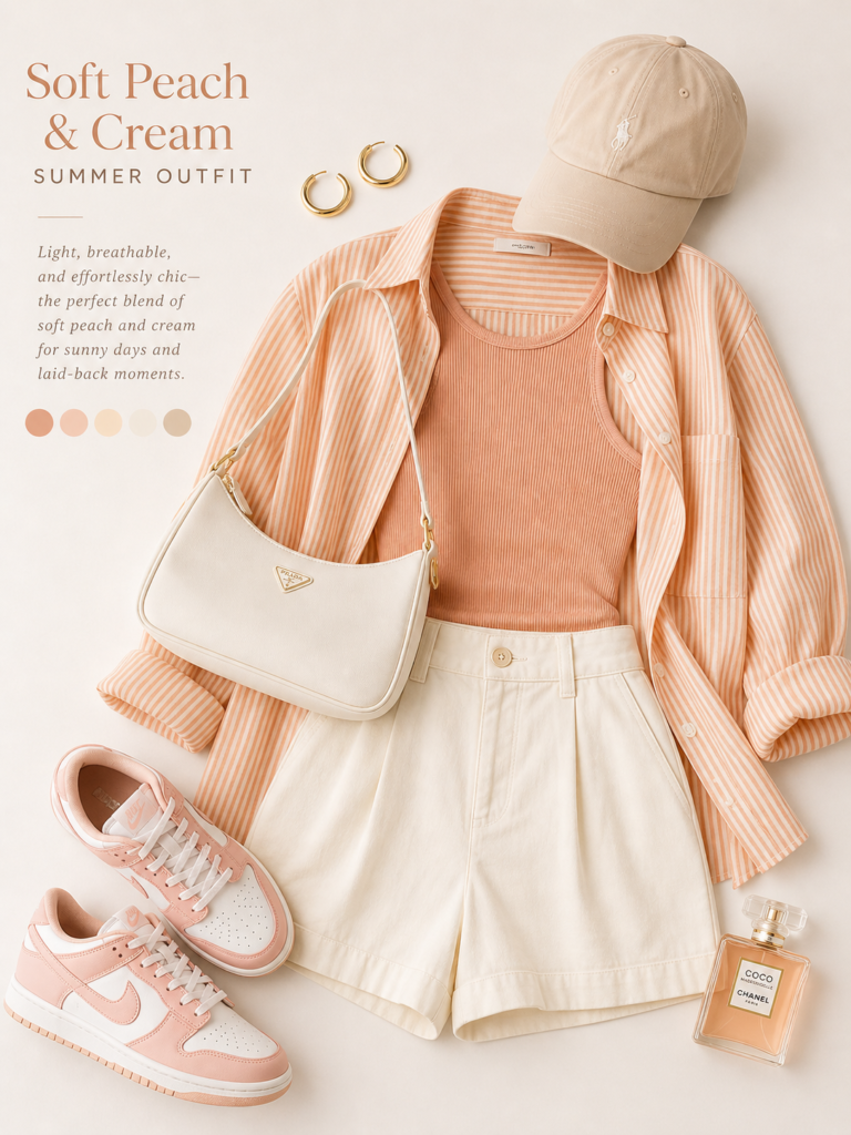 Complete mood board of soft peach and cream summer outfit 2026 featuring peach ribbed tank, striped button-down shirt, cream high-waisted shorts, beige baseball cap, white shoulder bag, gold hoops, and pink-and-white sneakers arranged elegantly