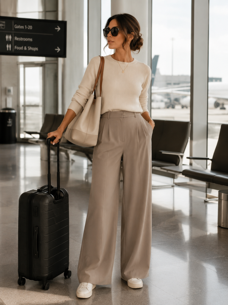 chic airport outfit with wide leg travel pants