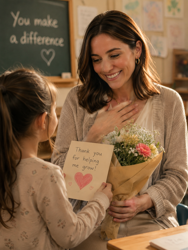 emotional teacher appreciation moment with handmade gift