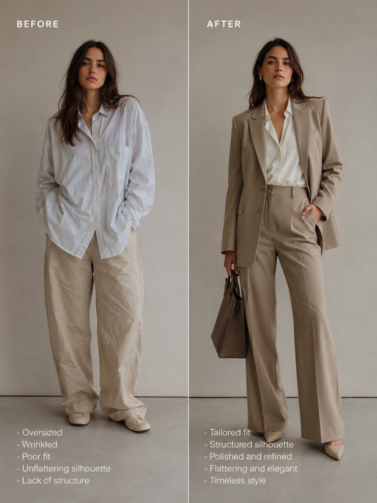 poor fit versus tailored elegant outfit comparison