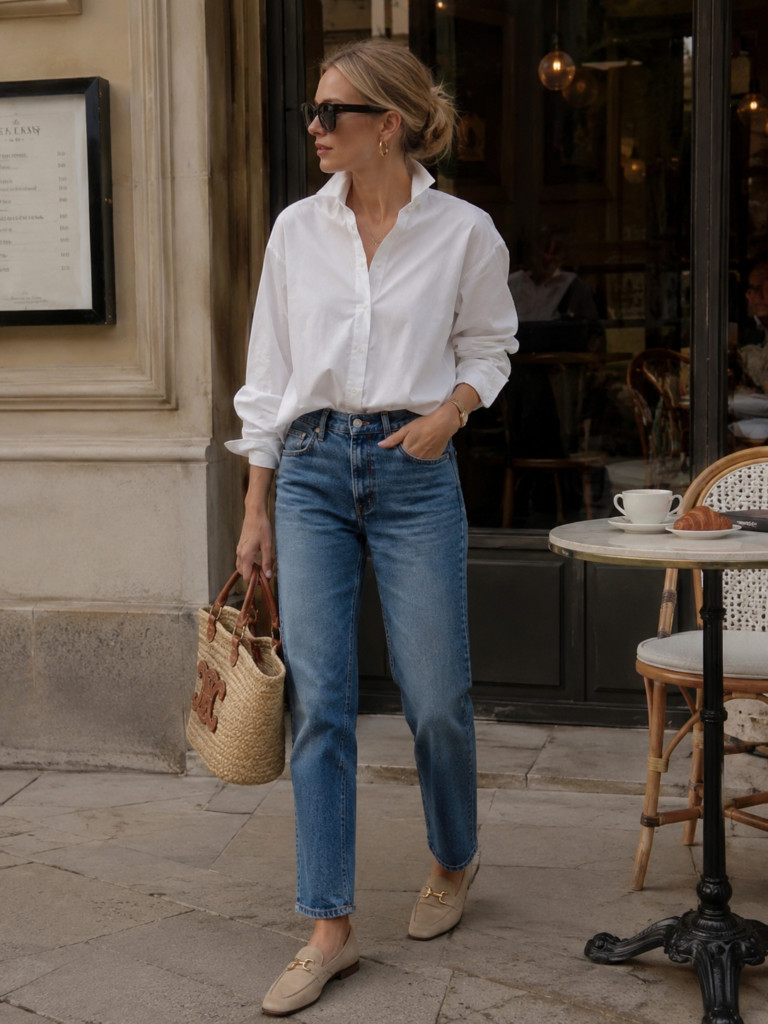 white shirt and jeans classy affordable outfit idea