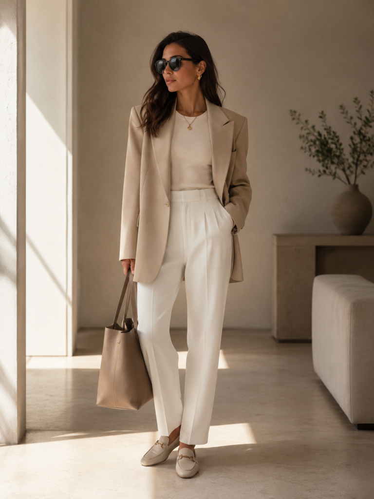 beige blazer and white trousers expensive looking outfit