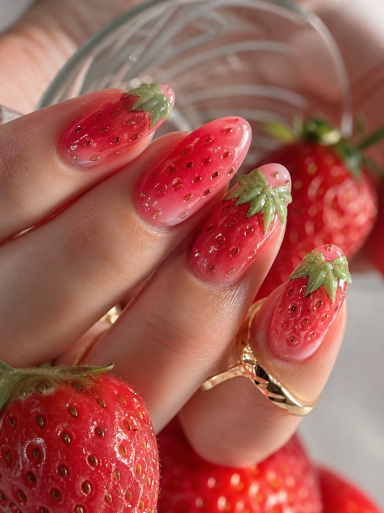 pink strawberry inspired nails with glossy jelly finish and 3d fruit design