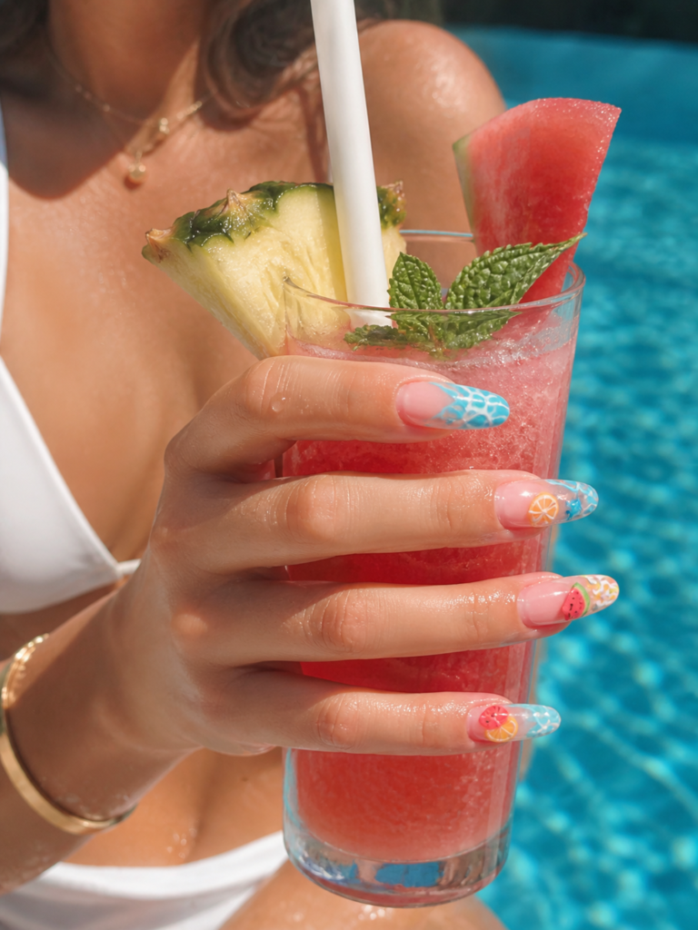 woman holding drink showing colorful summer nails with pool background