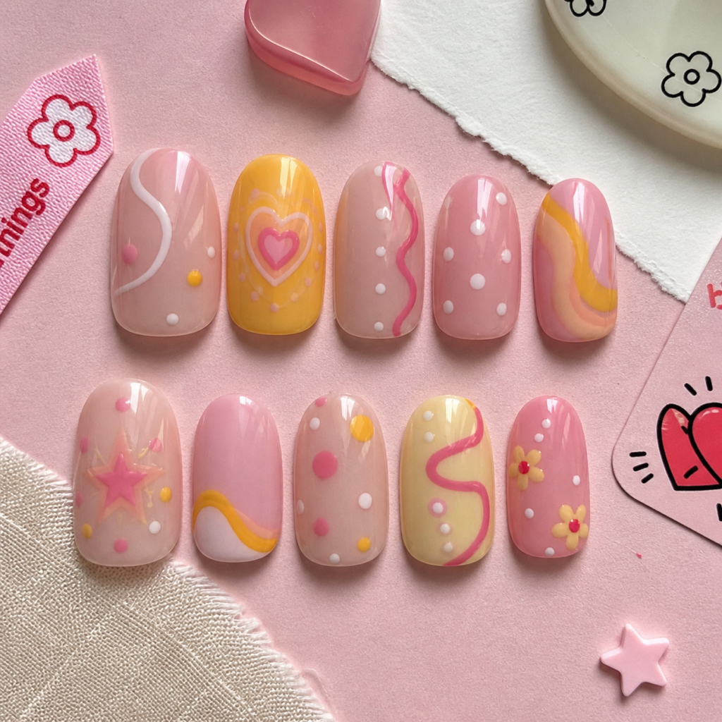 flat lay of colorful press on nails with pink yellow and abstract patterns