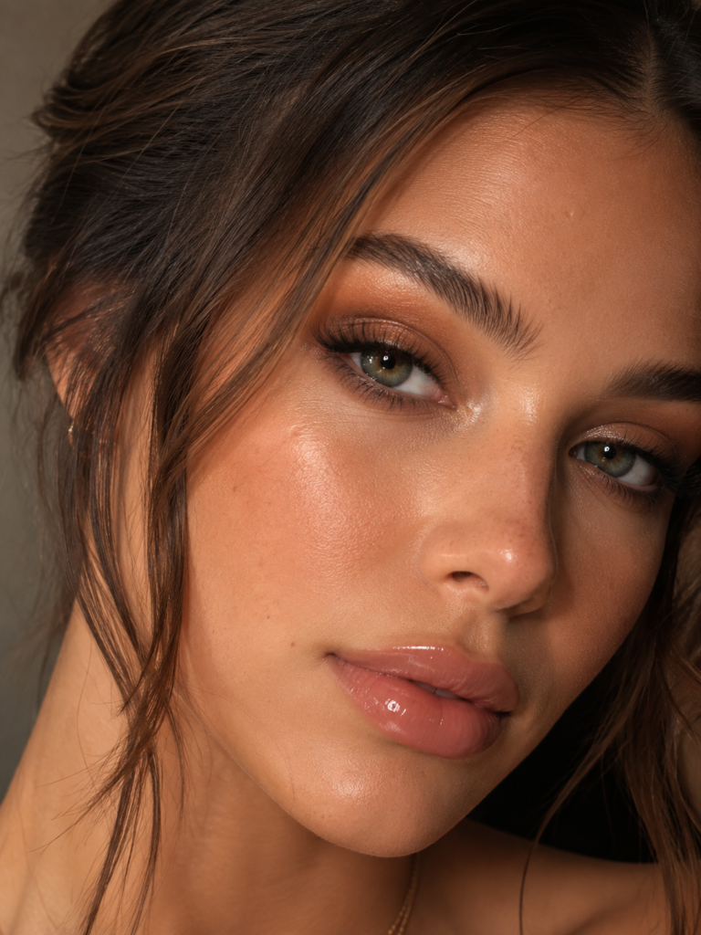 soft glam makeup with glossy nude lips and bronze smoky eyes
