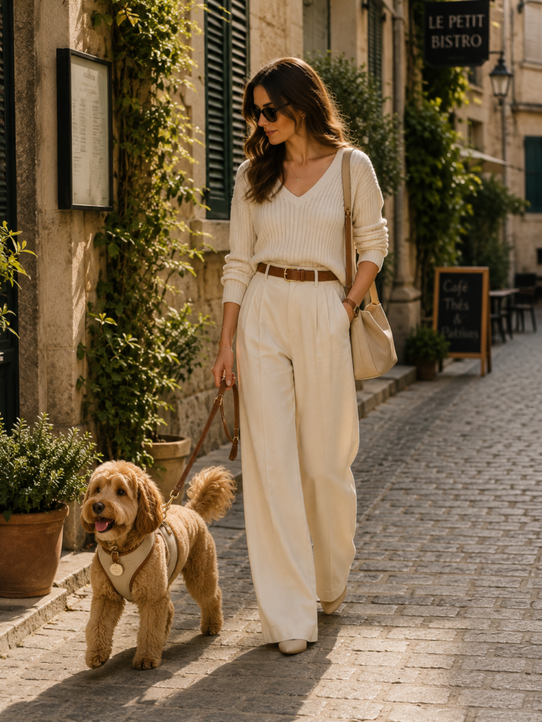 stylish dog mom walking dog with luxury harness