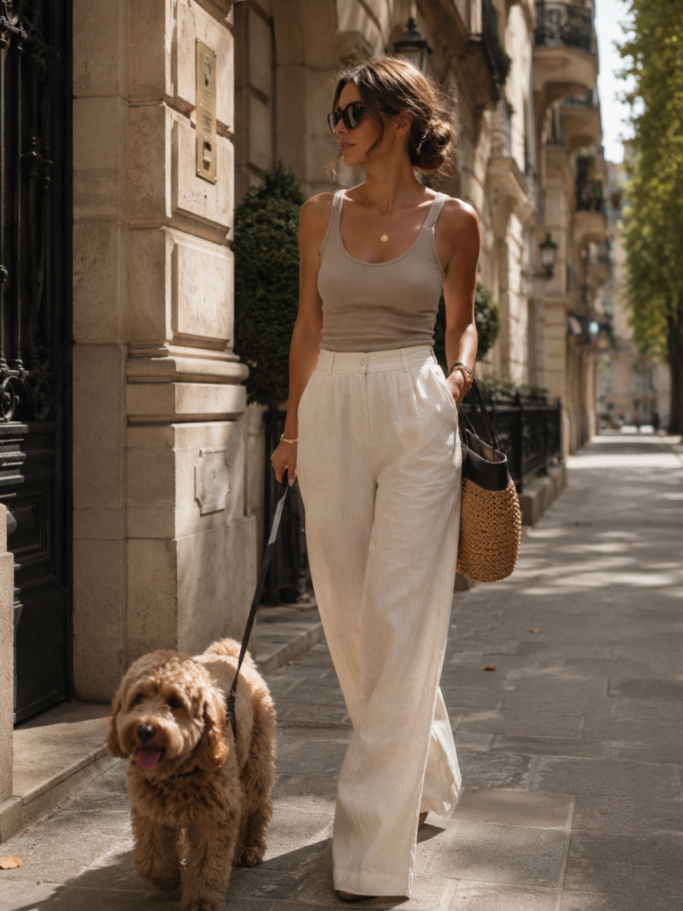 neutral tank and wide leg linen pants dog mom outfit
