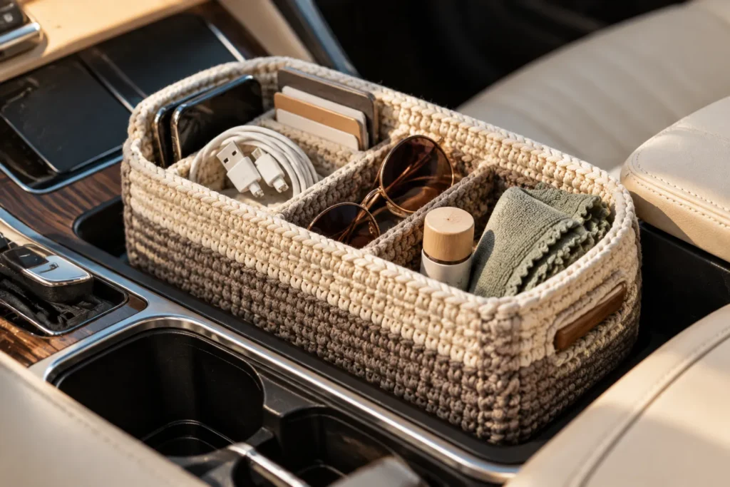 crochet organizer basket for car console storage