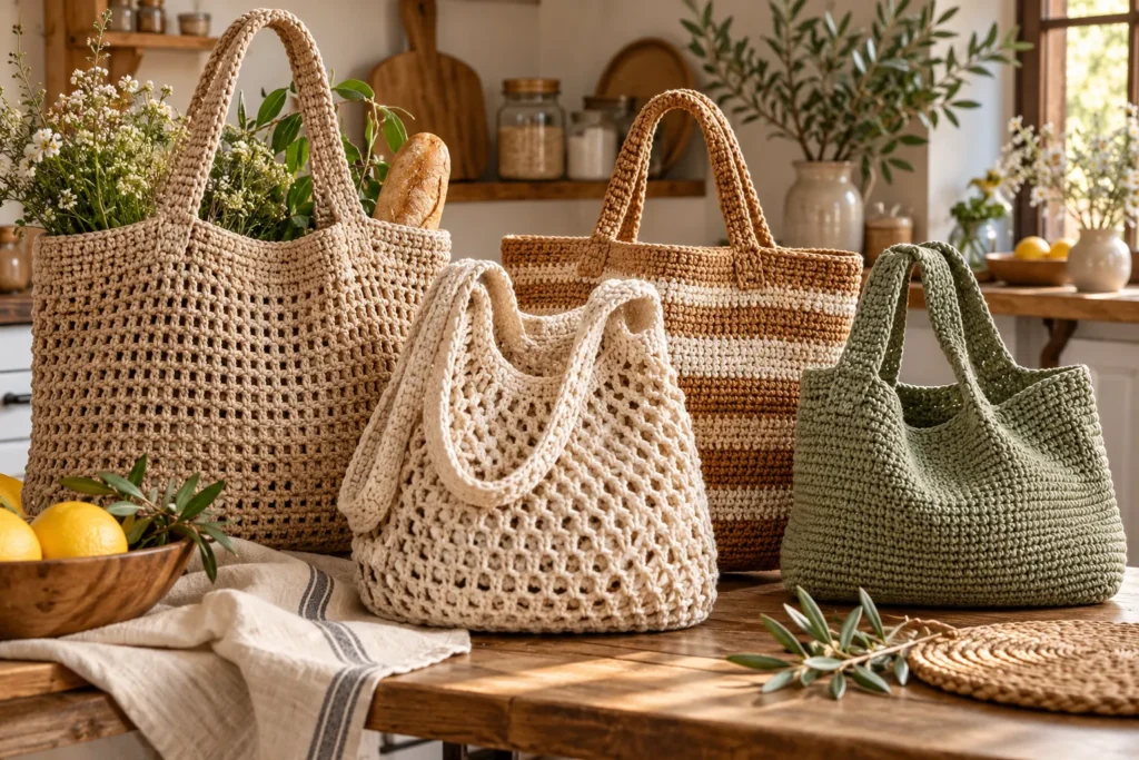 handmade crochet tote and market bags in neutral cotton yarn