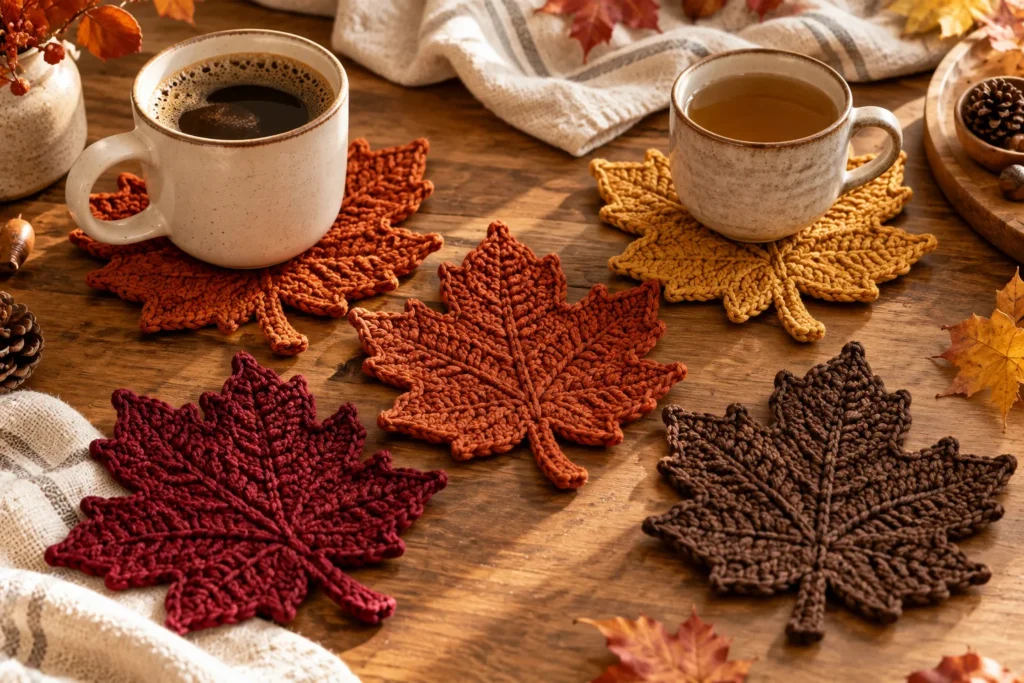 crochet maple leaf coasters in orange mustard rust and burgundy