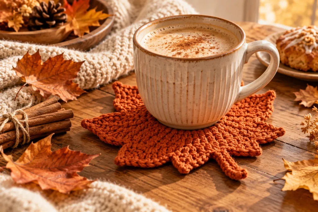 autumn coffee cup on handmade maple leaf crochet coaster