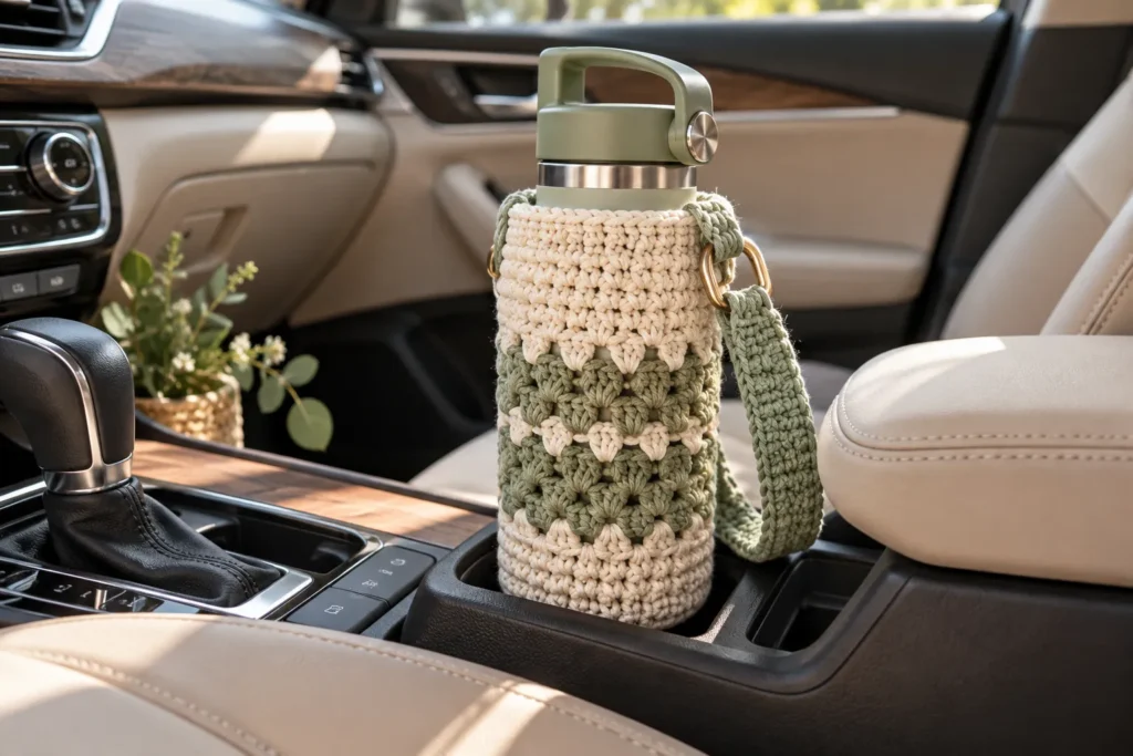 handmade crochet water bottle holder for car organization