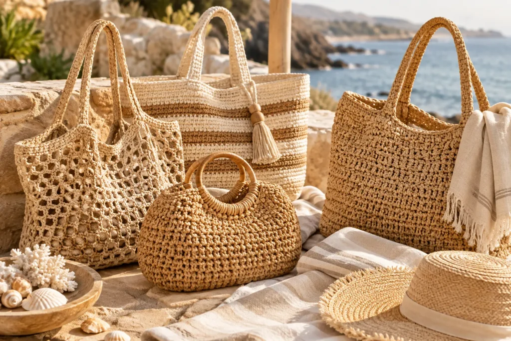 crochet beach bags made with natural and raffia style yarn
