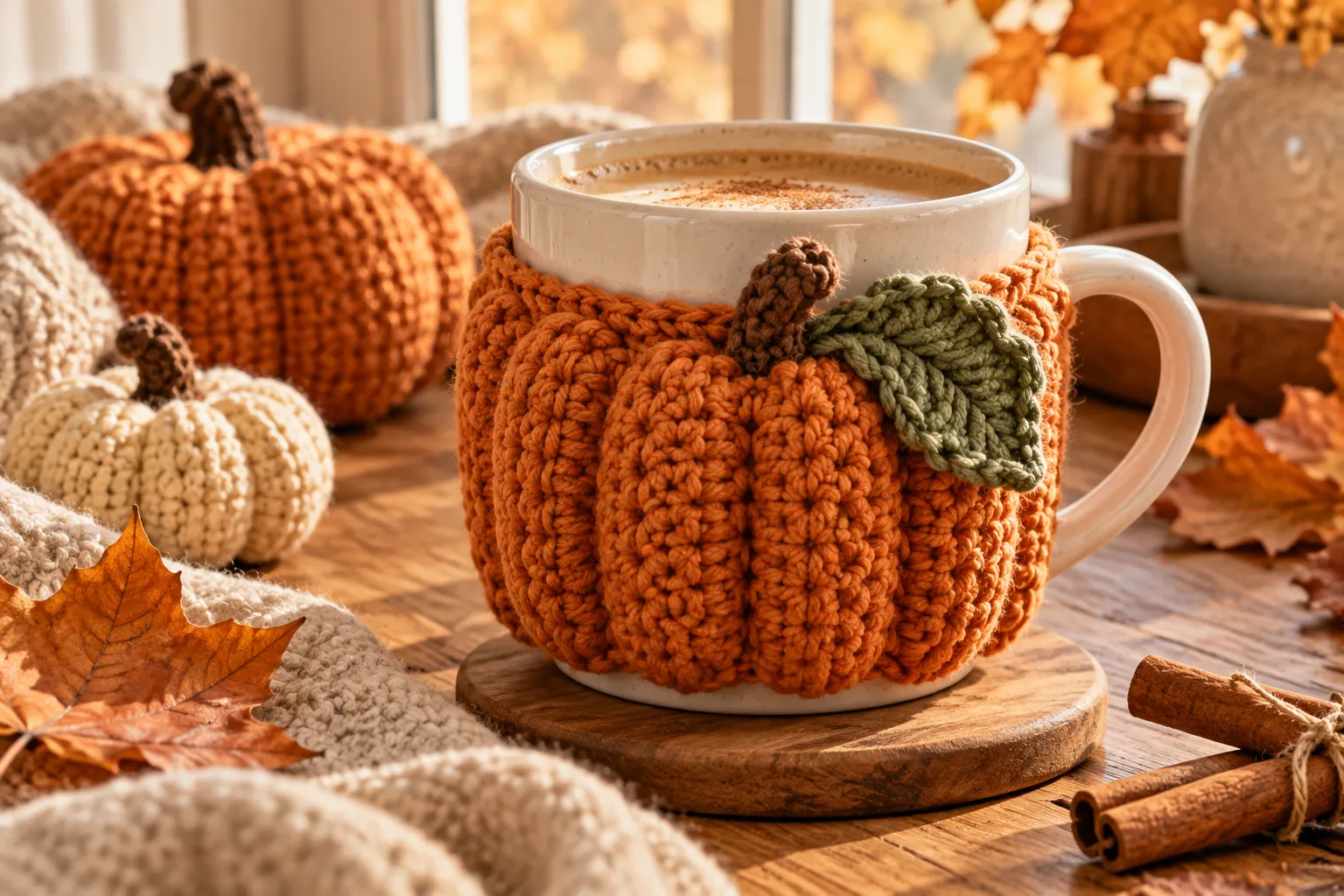 cute crochet pumpkin cup sleeve for fall coffee