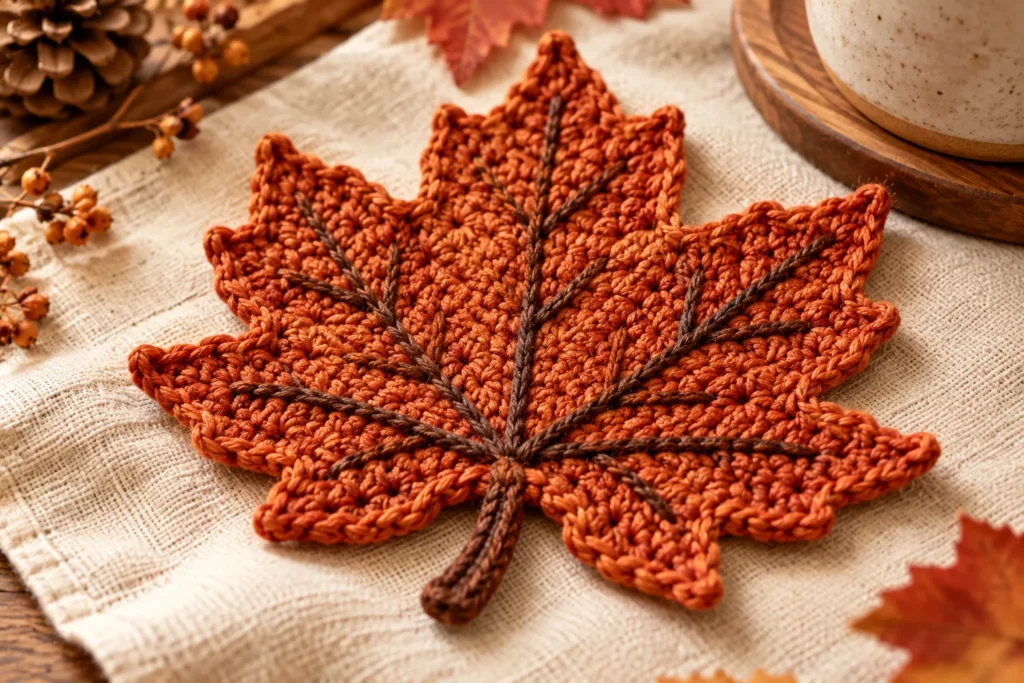 close up of handmade maple leaf crochet coaster stitches and leaf veins